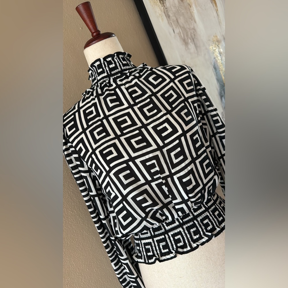 Geo black and white top with mock neck - Picture 7 of 9